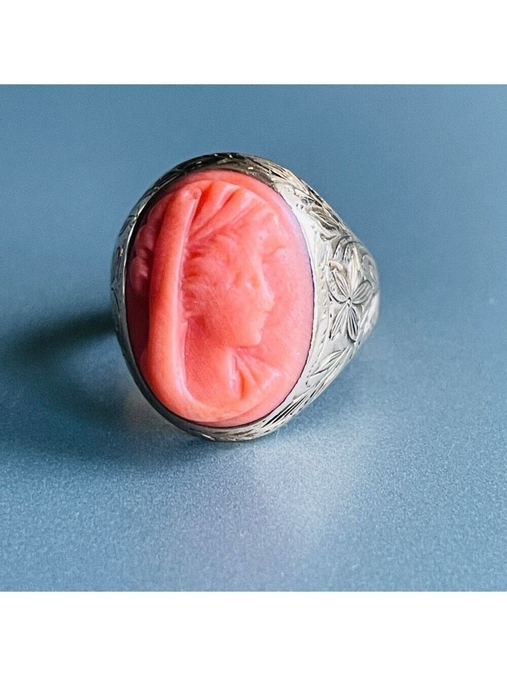Antique Victorian 14K Gold Salmon Coral Carved Cameo Ring With Male Silh…